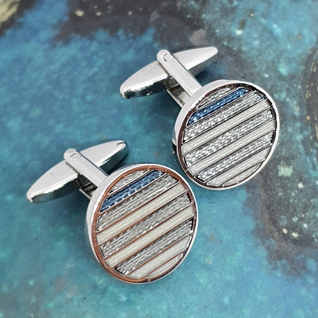 Blue and silver striped round cufflinks image 0