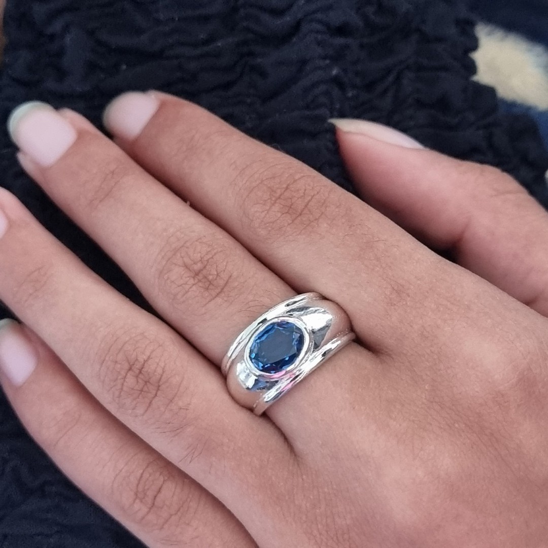 Sterling silver, wide band lab-created sapphire ring image 1