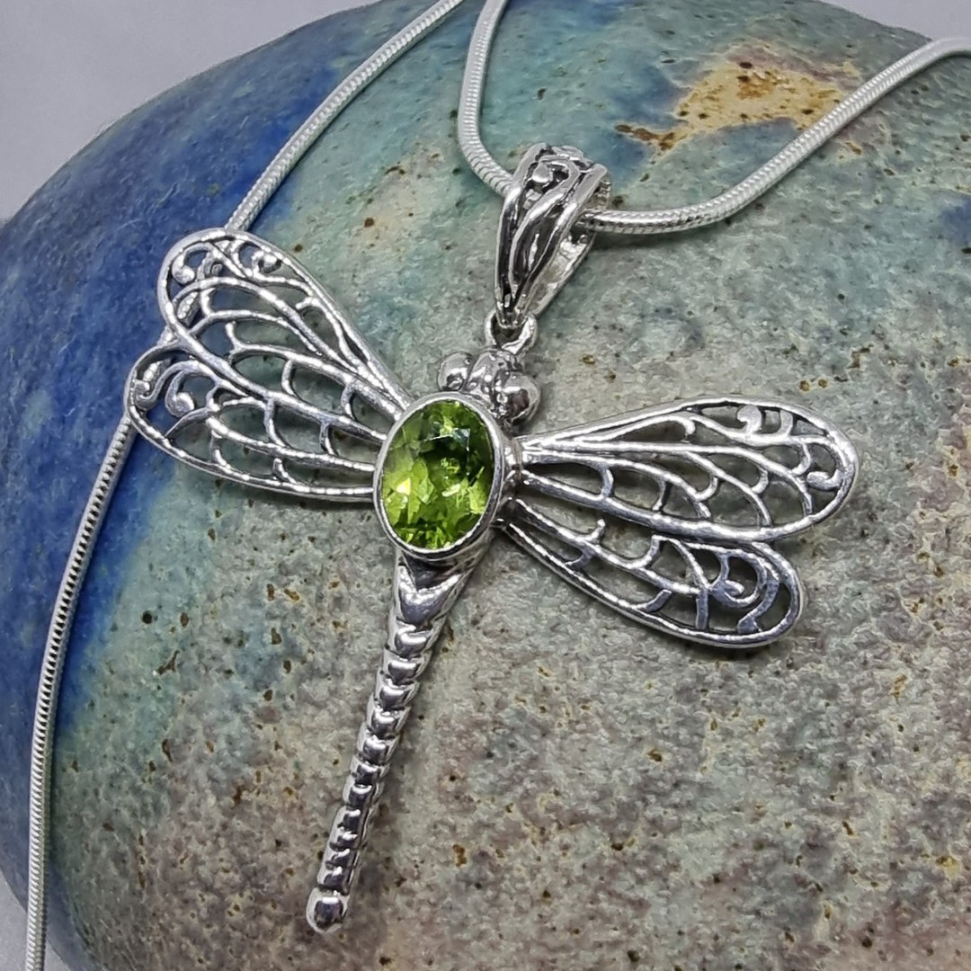 Sterling silver peridot dragonfly pendant image 1