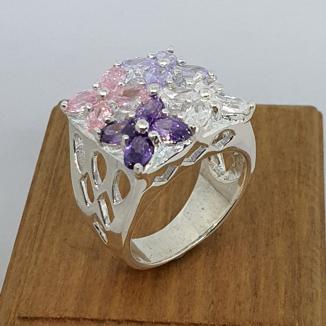 Flower dress ring with purple, pink and cz gems - Size O image 1