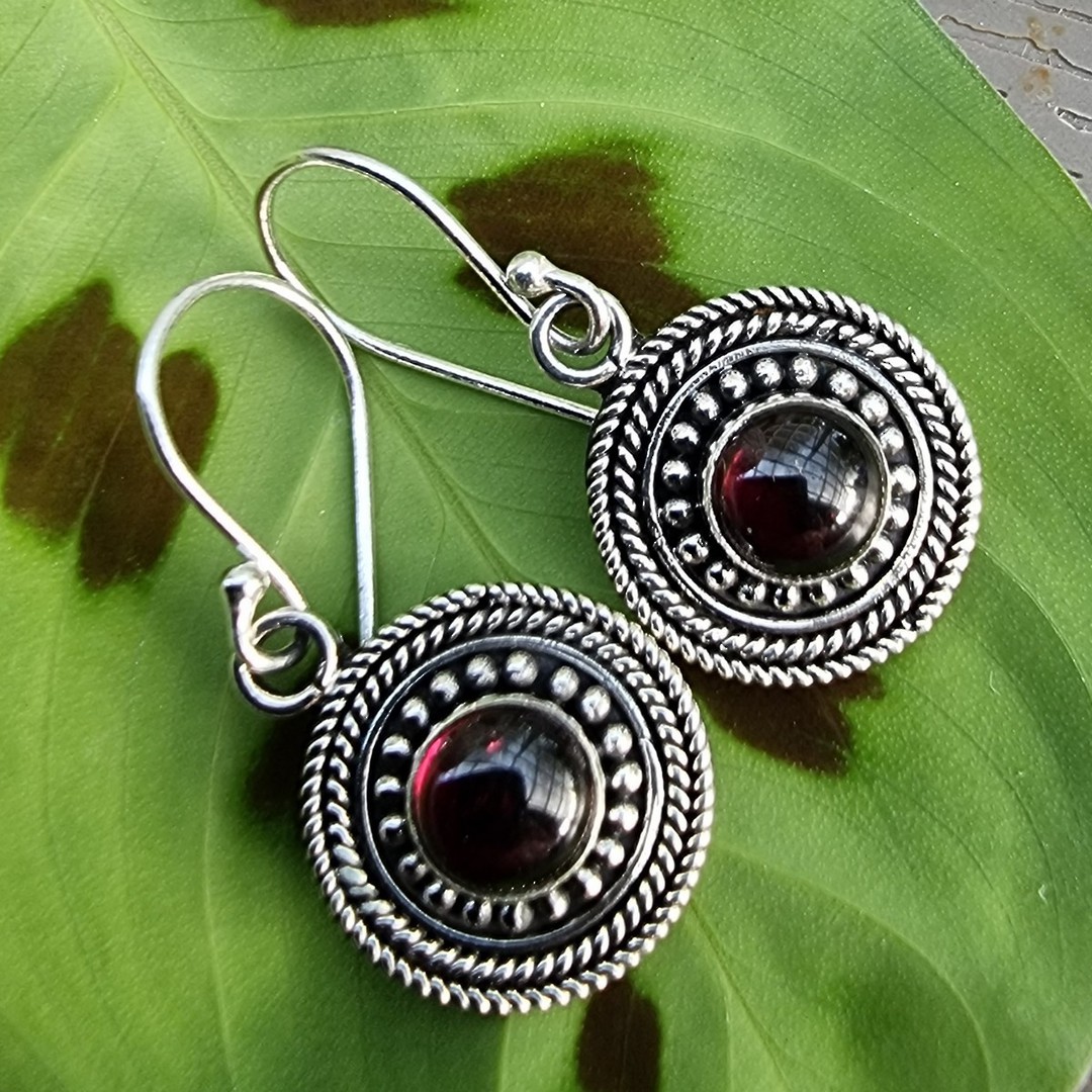 Round decorated silver natural garnet earrings image 2