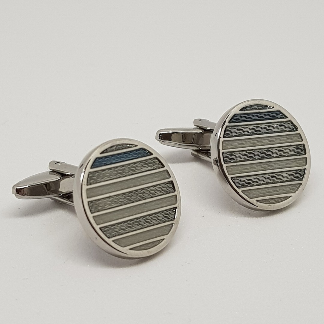 Blue and silver striped round cufflinks image 2