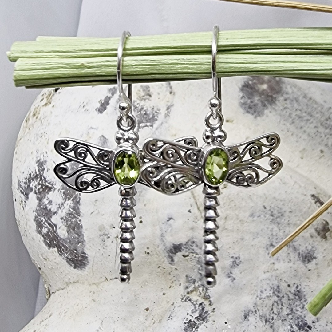 Silver peridot dragonfly earrings image 1