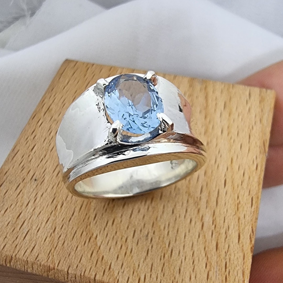 Wide silver band ring with blue topaz simulated gemstone image 2