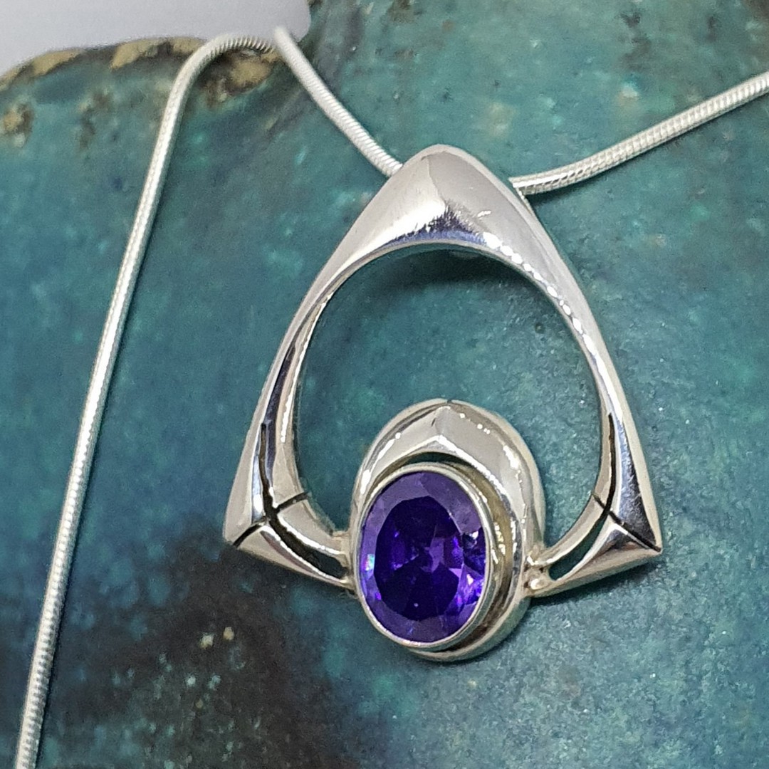 Sterling silver amethyst pendant - open triangle design image 1
