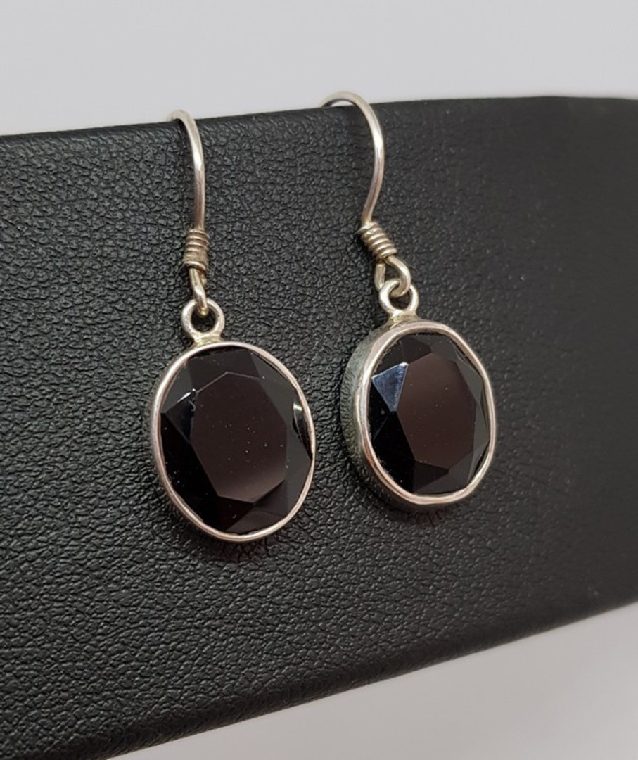 Sterling silver oval, facet cut black onyx earrings image 1