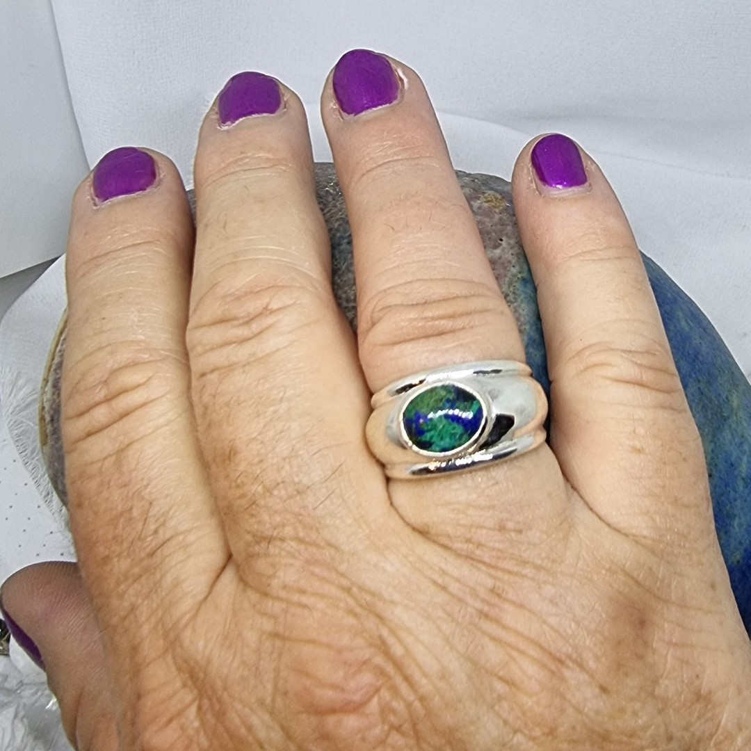 Sterling silver, wide band azurite malachite ring image 3