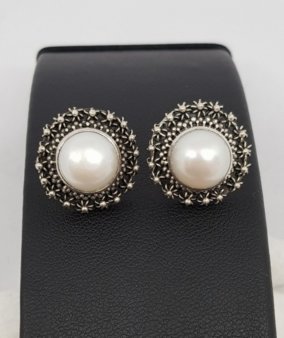 Large white pearl stud earrings with filigree silver frames image 3