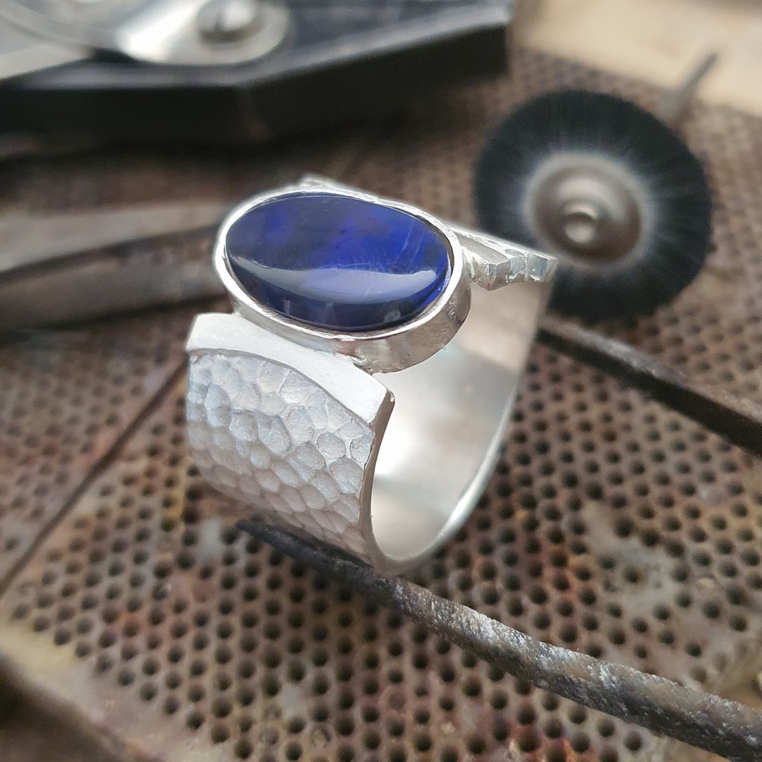Wide hammered silver ring with Australian opal image 3