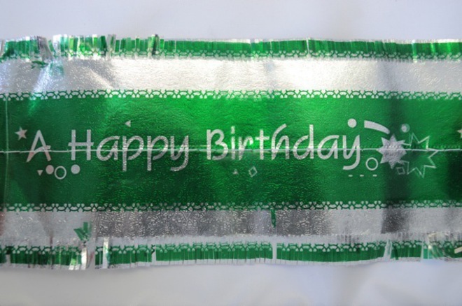 Happy Birthday Band 7m x 76mm wide Silver on Green image 0