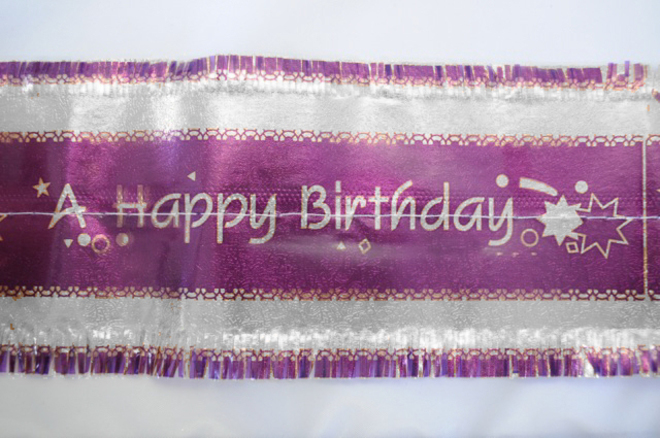 Happy Birthday Frill 7m x 76mm wide Silver on Purple image 0