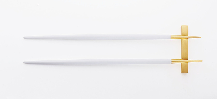 Goa White & Matt Gold Chopstick Pair with Stand image 2