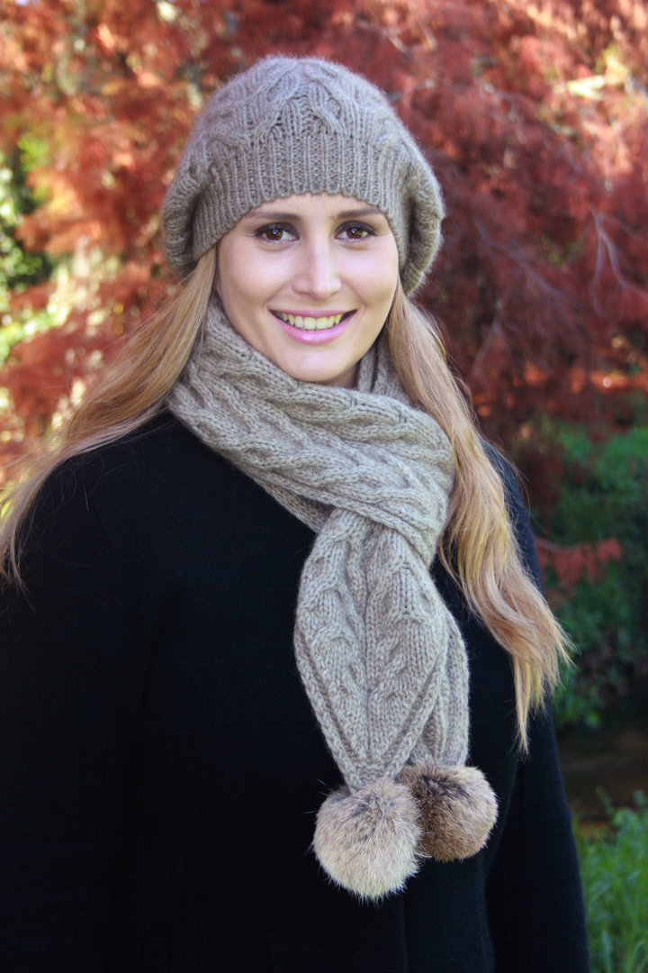 Cable Beanie Rabbit Fur Pompom by 