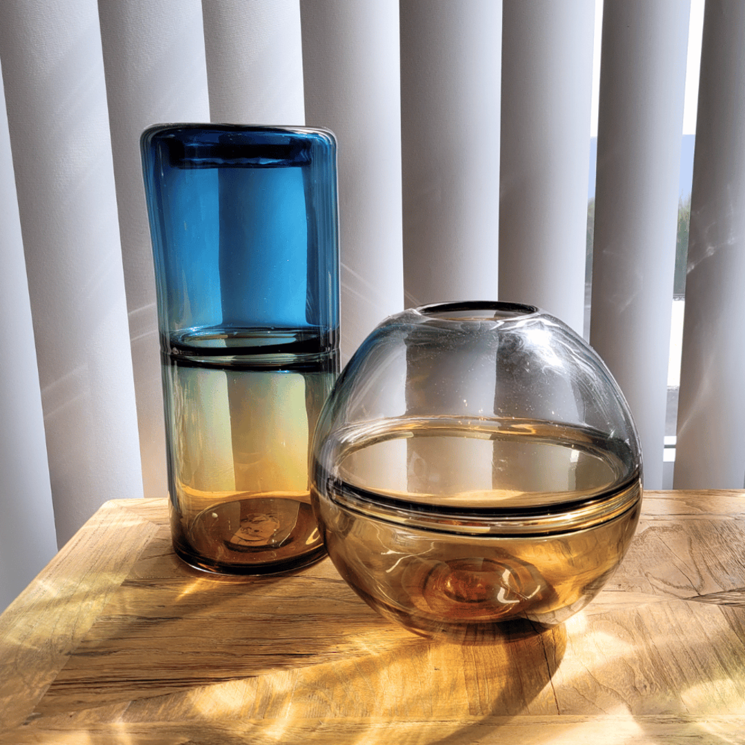 Glass Art Vase Blue & Amber 33cm image 1