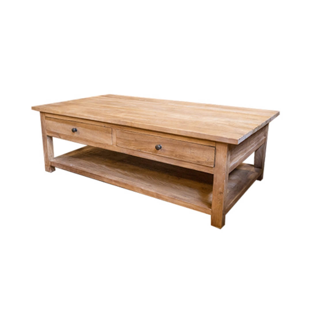 Reclaimed Elm French 2 drawer coffee table with shelf image 1