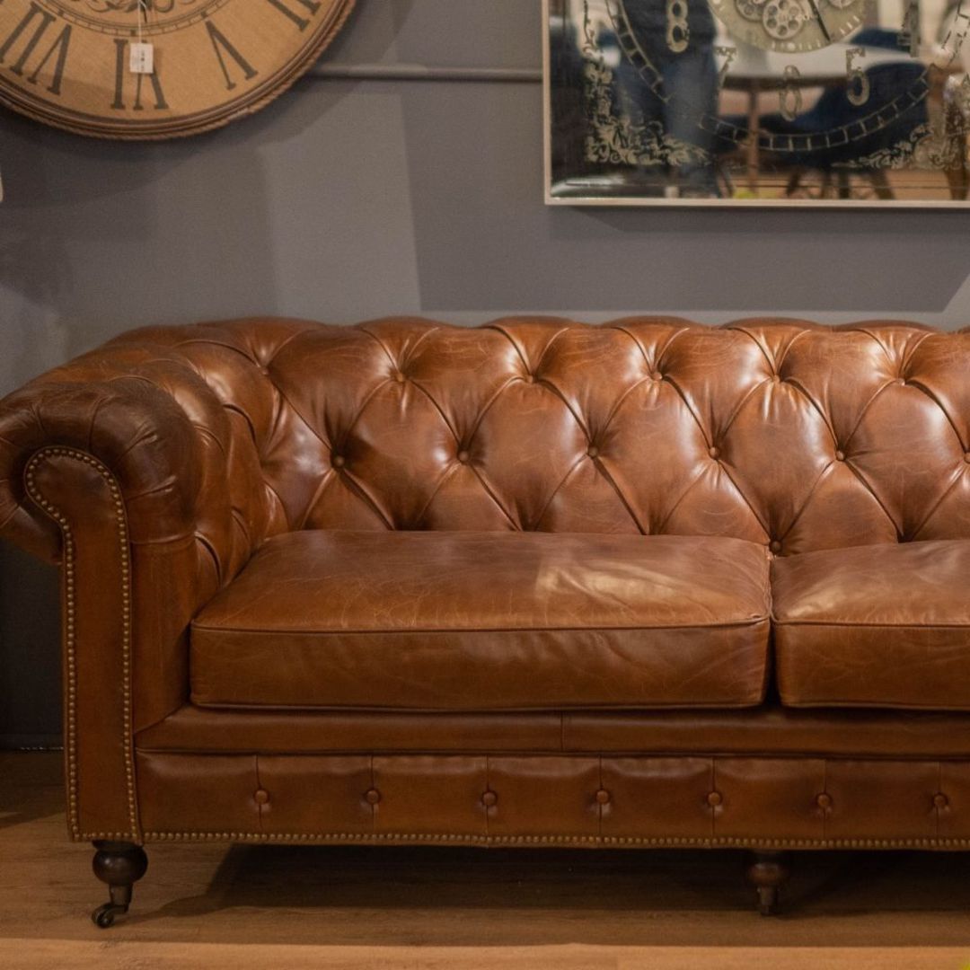 Chesterfield Aged Full Grain Leather 3 Seater Brown | Urbano Interiors