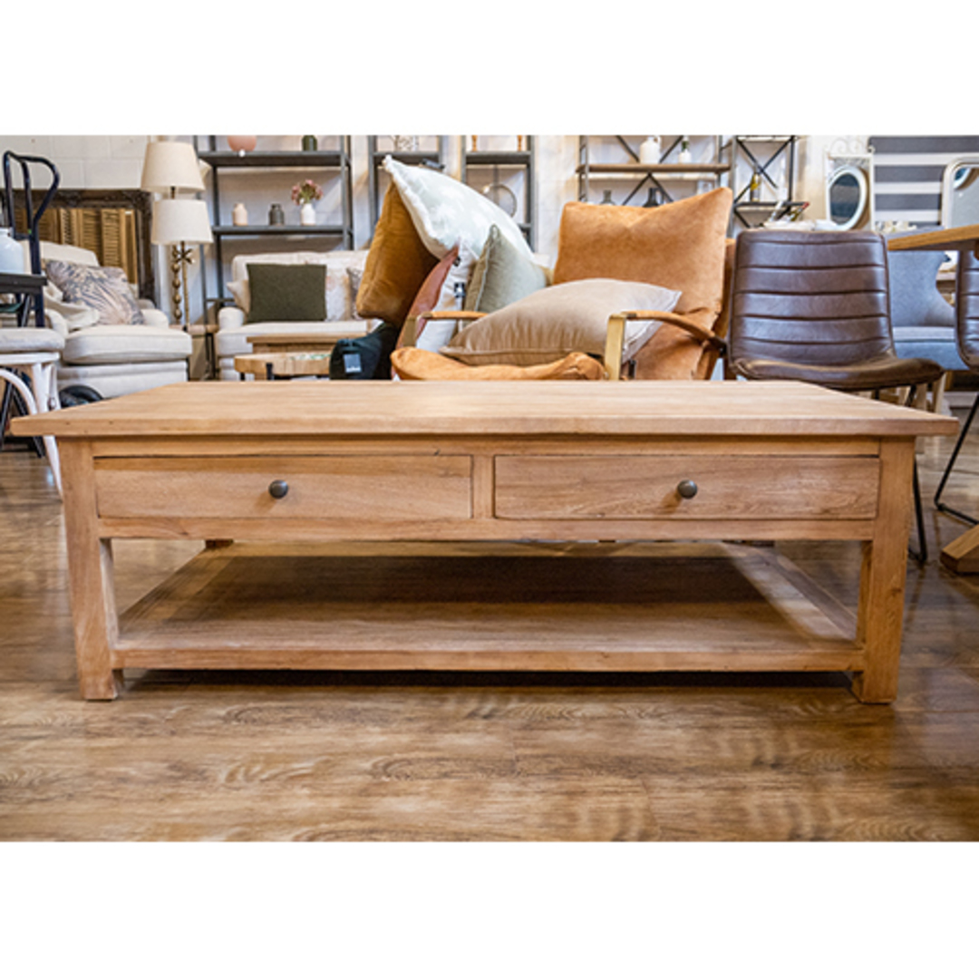 Reclaimed Elm French 2 drawer coffee table with shelf image 5