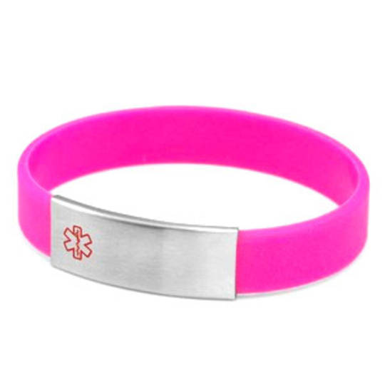 Medium Pink Silicone Bracelet & Stainless Steel Medical Tag