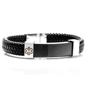 Medical Leather Black Stainless Magnetic Bracelet 8.25inch