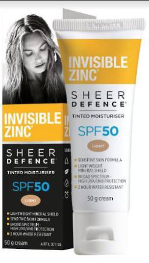  INVISIBLE ZINC® SHEER Defence Tinted Moisturiser SPF 50 – LIGHT 50g