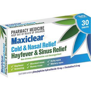 Maxiclear Hayfever and Sinus Relief Tablets (Loratadine & Phenylephrine) 30 Tablets