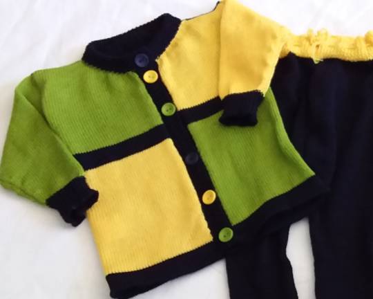 Merino Button Cardigan - Green & Yellow