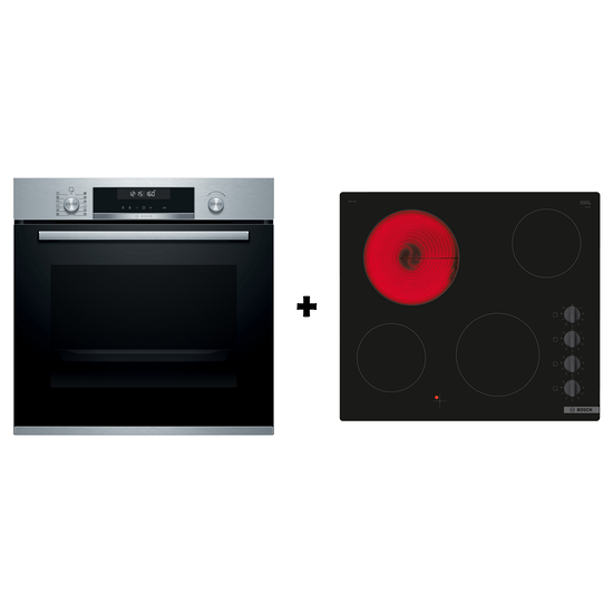 BOSCH 60CM SERIES 6 STAINLESS STEEL OVEN HBT578FS1A + BOSCH 60CM BLACK CERAMIC COOKTOP PKE611CA2A