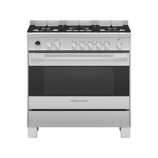 FISHER & PAYKEL 90CM DUAL FUEL STAINLESS STEEL FREESTANDING COOKER
