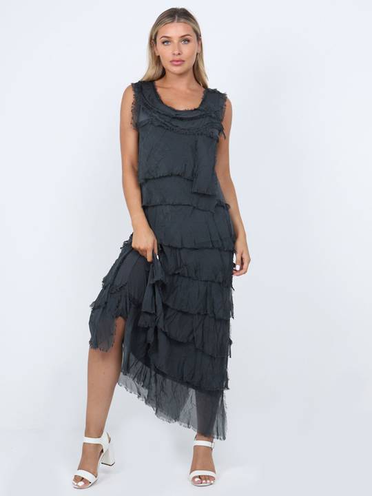 Colette Silk Tiered Long Dress Charcoal