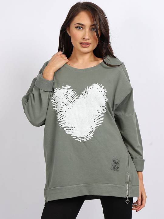 Finger Print Cotton Heart Sweater Khaki
