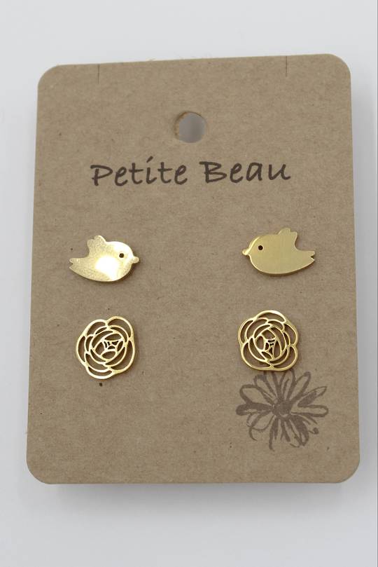  Petite Beau Stainless Steel Bird/Flower Earrings Gold