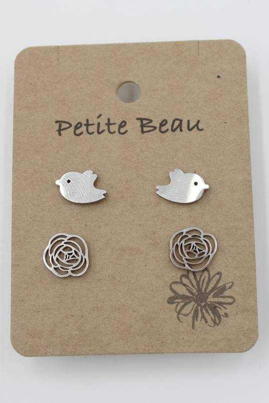  Petite Beau Stainless Steel Bird/Flower Earrings Silver