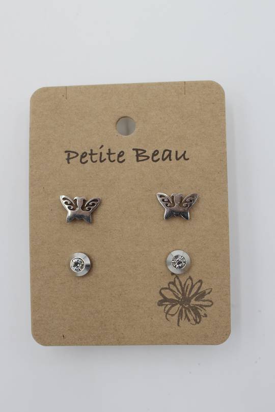 Petite Beau Stainless Steel Butterfly/Diamond Earrings Silver