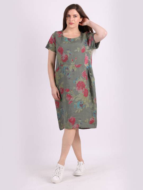 Fleur Rose Linen Dress Khaki