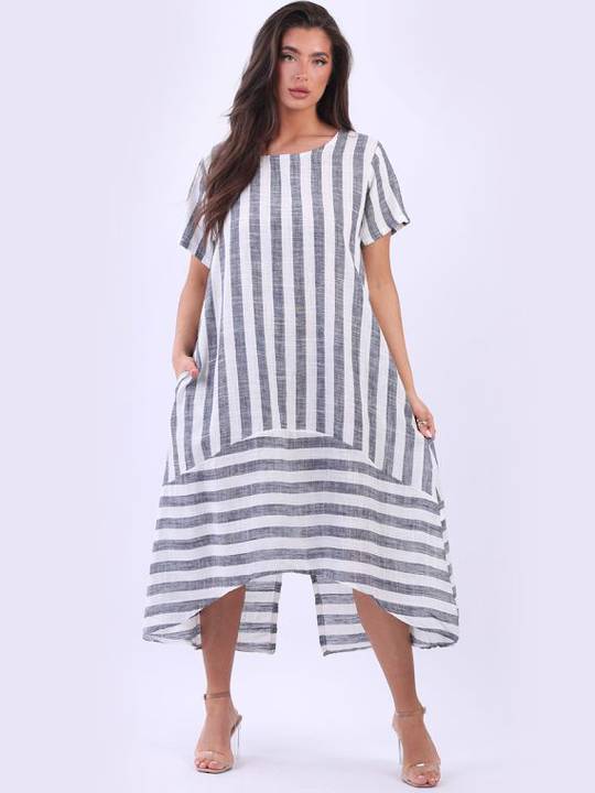 Saskia Striped Linen Dress Navy