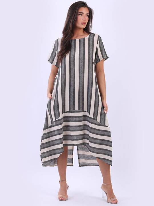 Saskia Border Stripe Linen Dress Charcoal