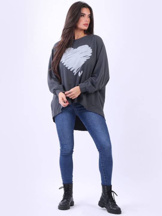 Scribble Shimmery Heart Sweater Charcoal