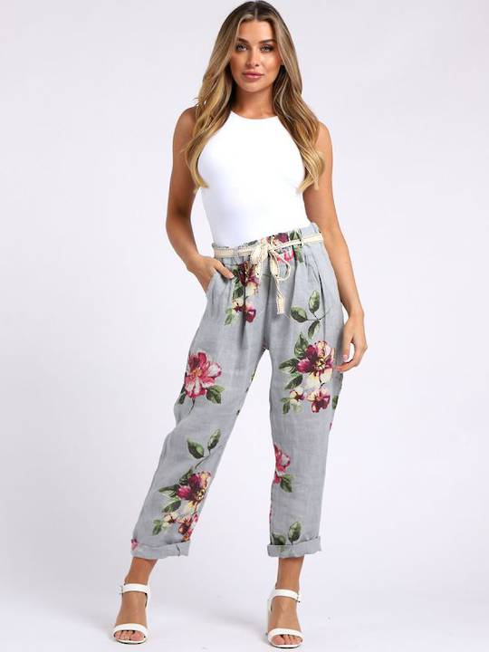 Marcella Linen Trousers Floral Grey