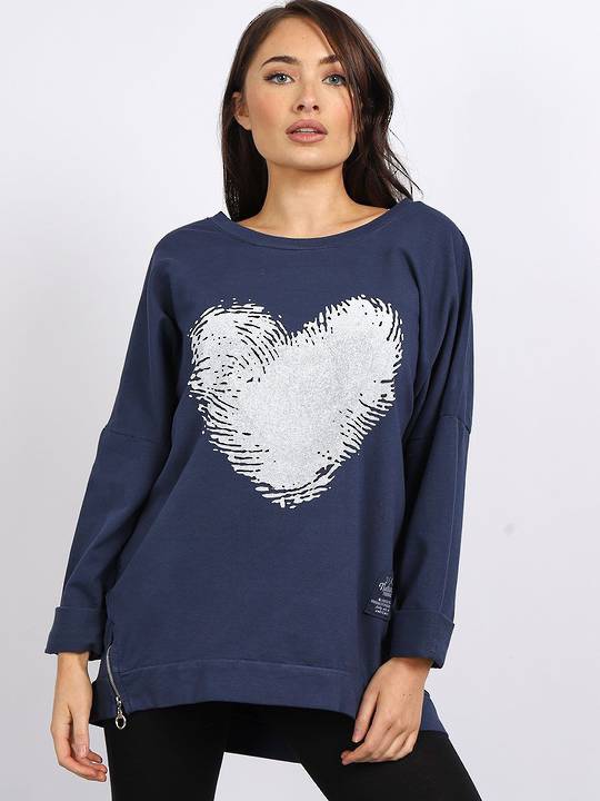Fingerprint Cotton Heart Sweater Navy