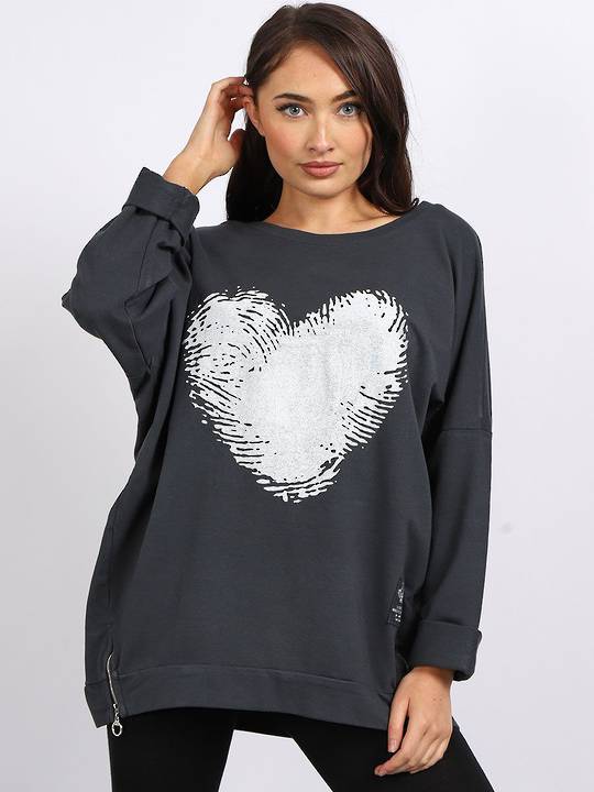 Fingerprint Cotton Heart Sweater Charcoal