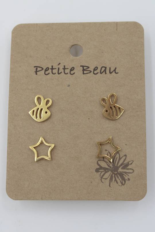 Petite Beau Stainless Steel Bee/Star Earrings Gold