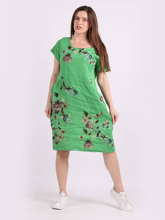 Fleur Bouquet Linen Dress Apple Green