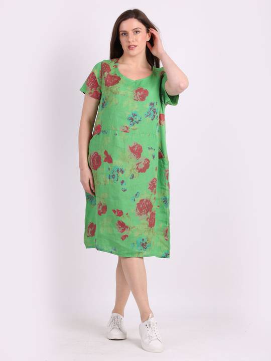 Fleur Rose Linen Dress Apple Green