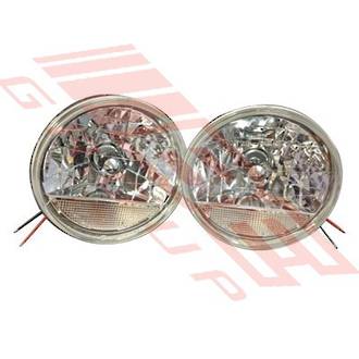 HEADLAMP SET - 2PCS - CRYSTAL/CLEAR/CHROMED CAP - TO SUIT - H4 P43 3PIN 7INCH ROUND