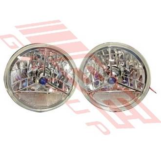 HEADLAMP SET - 2PCS - CRYSTAL/CLEAR/BLUE CAP - TO SUIT - H4 P43 3PIN 7INCH ROUND