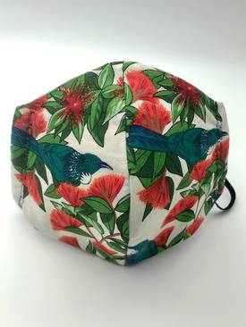 Tuis and Pohutakawa with White on Blue Polka Dots on Reverse Side - Reversible Limited Edition Face Mask