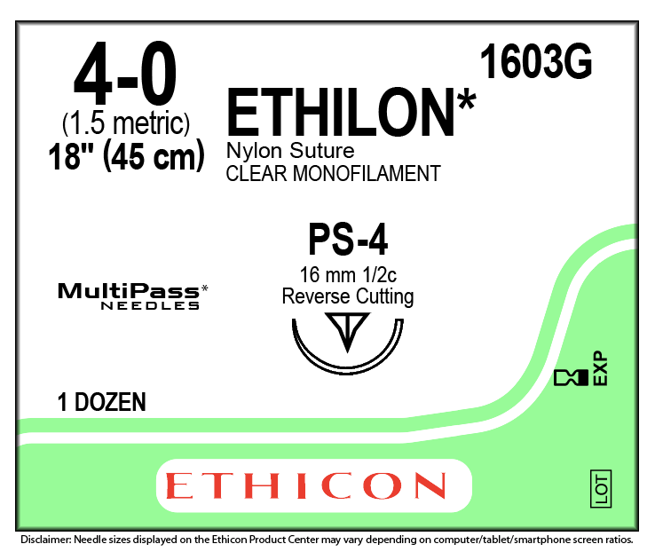 Ethicon Suture Ethilon Nylon 3/8 Circle PPRC 4/0 PS-4 16mm 45cm