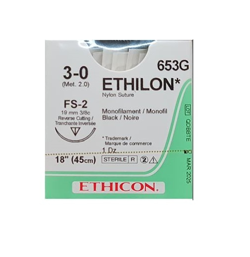 Ethicon Suture Ethilon Nylon 3/8 Circle RC 3/0 FS-2 19mm 45cm