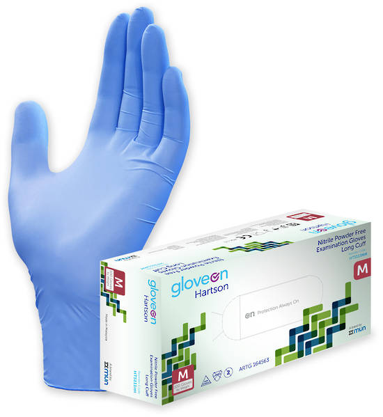 GloveOn Hartson Nitrile Exam Gloves Long Cuff Powder Free Box of 100 Medium