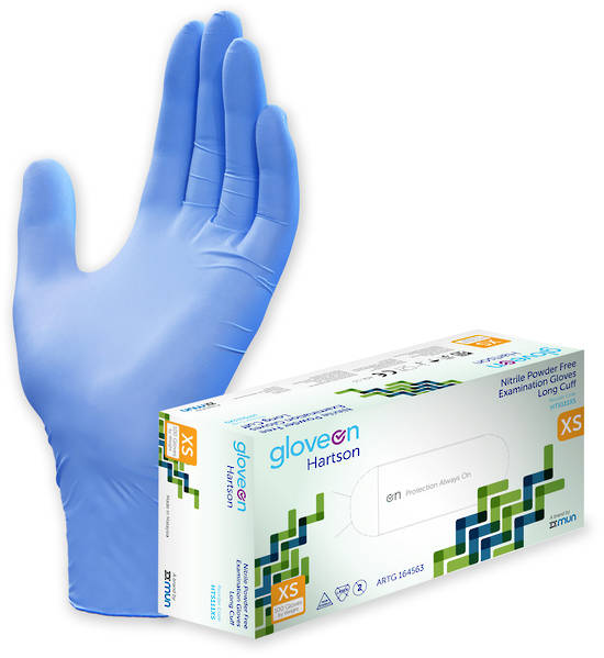 GloveOn Hartson Nitrile Exam Gloves Long Cuff Powder Free Box of 100 X-Small